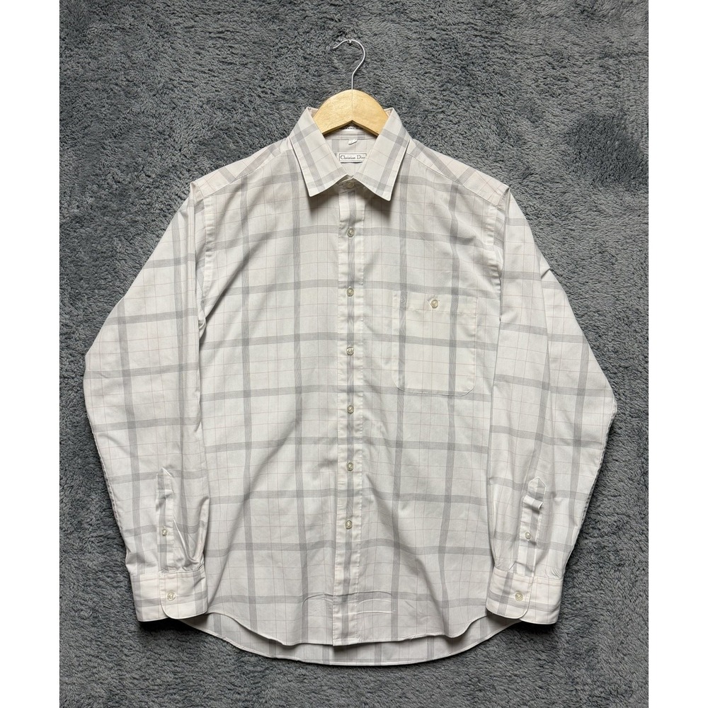 Vintage Christian Dior Shirt Mens L White Plaid Cotton Blend Lightweight Pocket